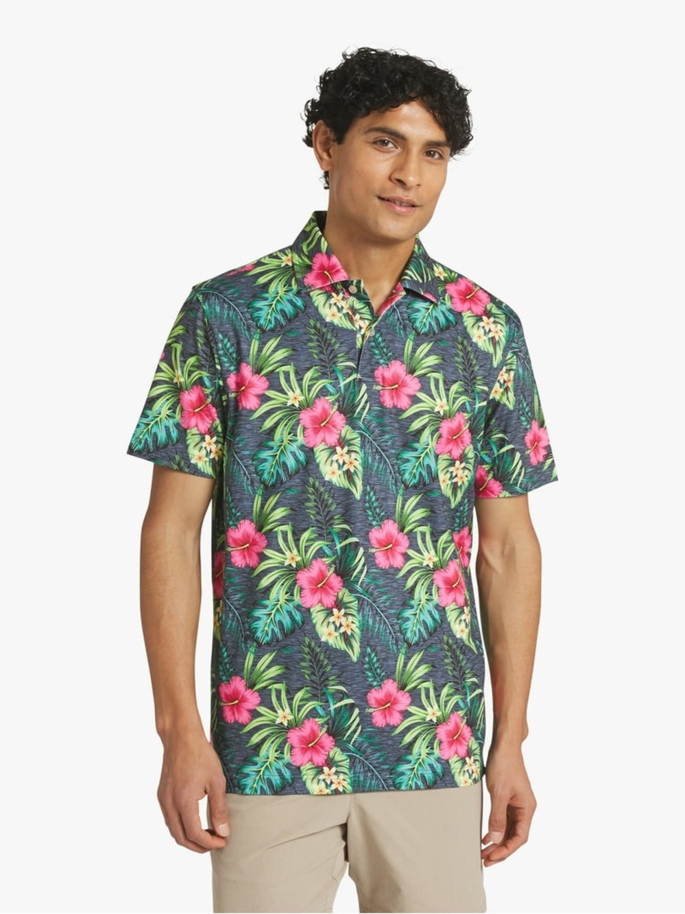 Men's Tropical Floral Short-Sleeve Shirt - Pink/Green W